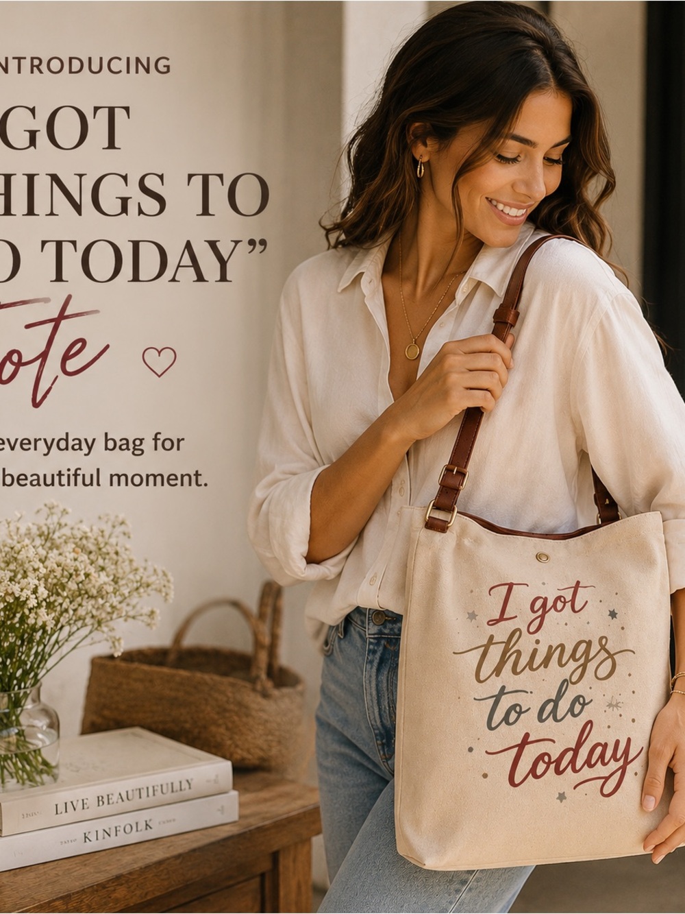 Brown Neutral ItalianCanvas Tote with Brown Leather Straps - "I Got Things to Do - Picture 10 of 15